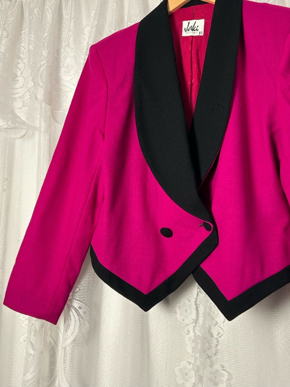 Vintage 1980s Hot Pink Tuxedo Jacket Black Trim Pointed Front Blazer Petite 10 - Picture 3 of 10